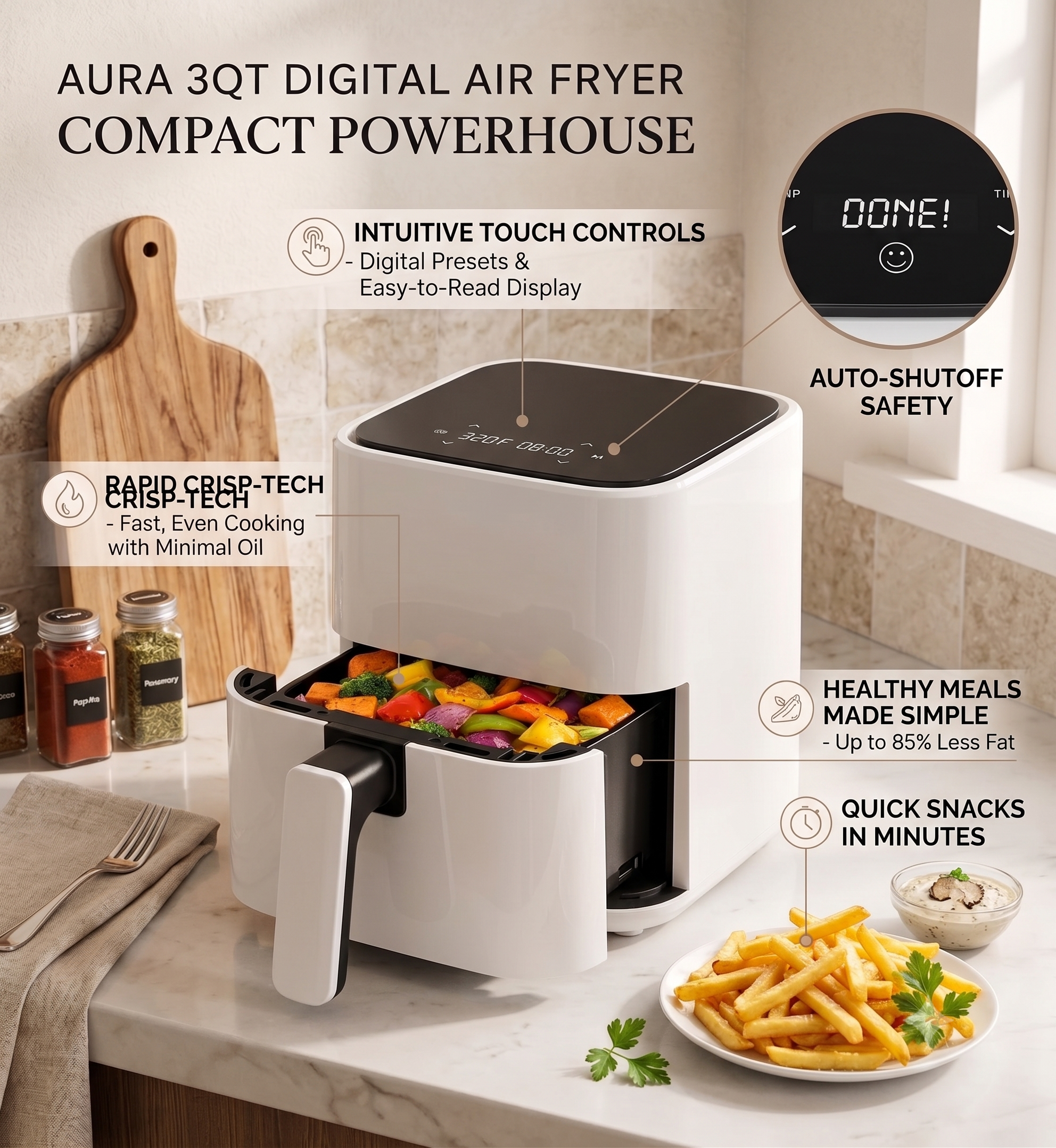 3.17 QT Digital Air Fryer with Touch Control