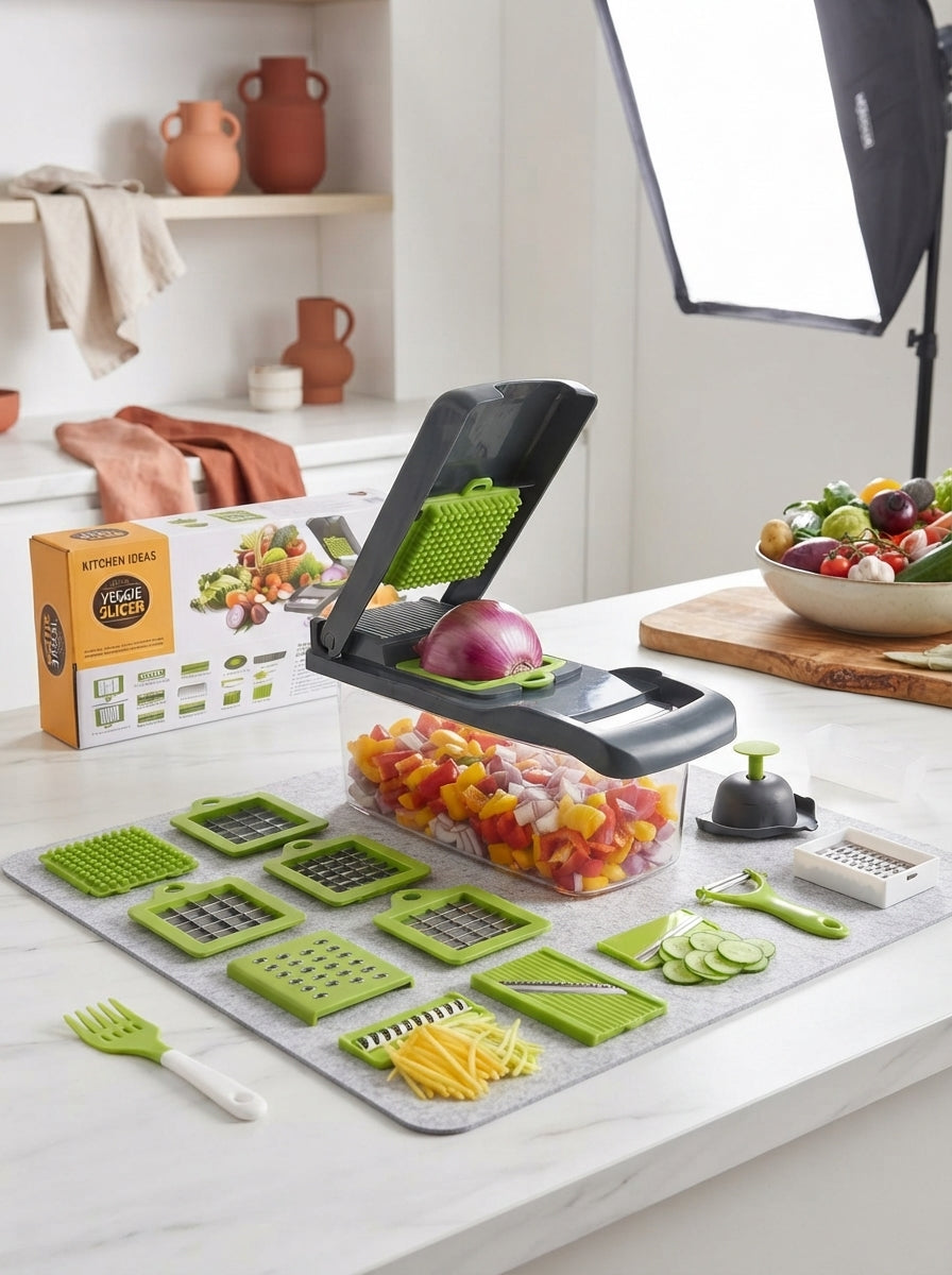 A 16-in-1 vegetable chopper with interchangeable blades and a clear collection container on a kitchen counter.